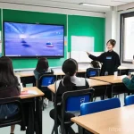 한국어교원 자기 개발 체크리스트 - **Prompt:** A vibrant and modern Korean language classroom filled with a diverse group of enthusiast...