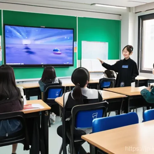 한국어교원 자기 개발 체크리스트 - **Prompt:** A vibrant and modern Korean language classroom filled with a diverse group of enthusiast...