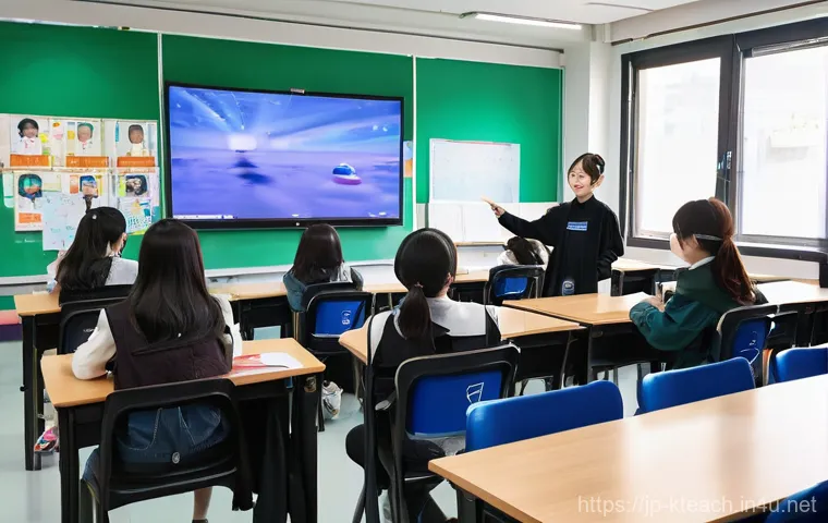 한국어교원 자기 개발 체크리스트 - **Prompt:** A vibrant and modern Korean language classroom filled with a diverse group of enthusiast...