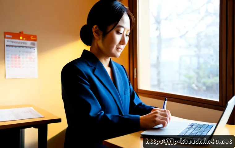한국어교원 자격증 갱신 절차 - Photorealistic Japanese language teacher in a neat home office, calmly reviewing a professional cert...